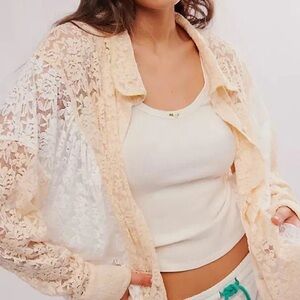 Free People Cream Lace Button Down Shirt